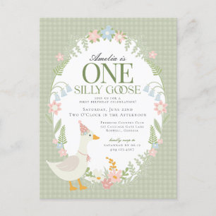 Groene Gekke Gans Floral Gingham Eerste Verjaardag Briefkaart