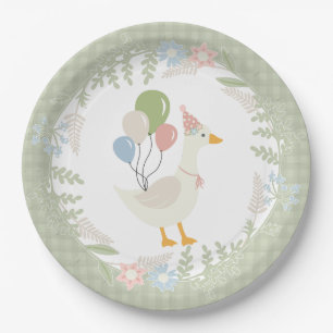 Groene Gekke Goose Floral Gingham Party Papieren Bordje