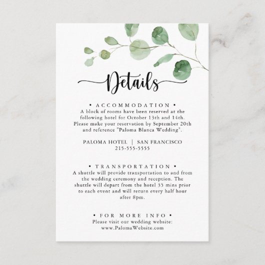 Groene genot Eucalyptus bruiloft details Informatiekaartje (Voorkant)