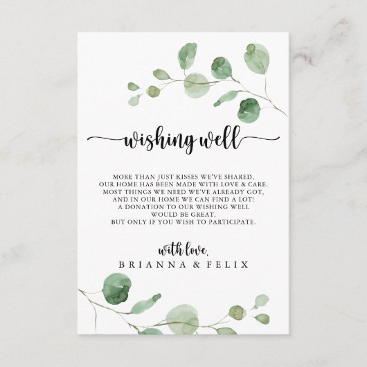 Groene genot eucalyptus bruiloft goed wensen informatiekaartje (Voorkant)