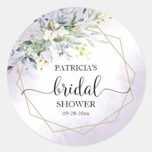 Groene geometrische paarse lavendel bruidsshower ronde sticker
