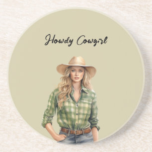 Groene geruite shirt Howdy Blonde Vrouwelijke Cowg Zandsteen Onderzetter