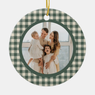 Groene geruite tartanpatroon jaarlijkse kerstfoto keramisch ornament