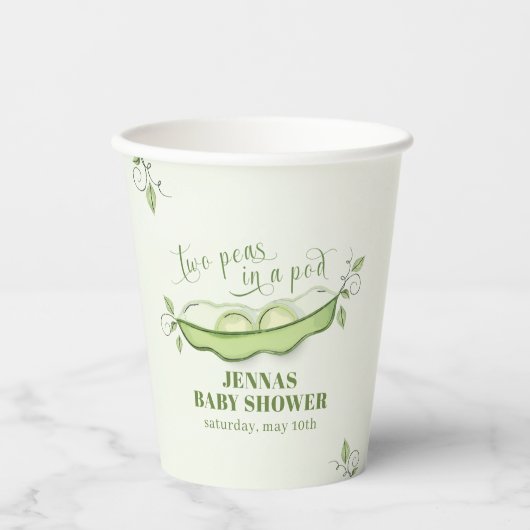 Groene geslachtsneutrale twee erwten in een pod papieren bekers (Voorkant)