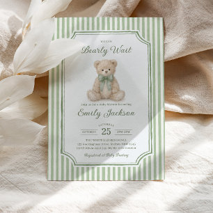 Groene Gestreepte Teddbeer Jongens Baby Shower Kaart