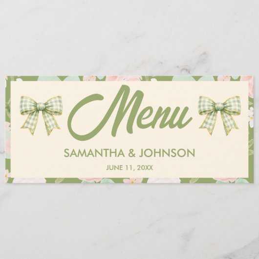 Groene Gingham Boog Bruiloft Diner Menu met Wilde (Voorkant)