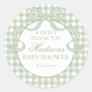 Groene Gingham Coquette Strik Baby Shower Favoriet Ronde Sticker