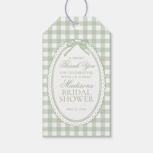 Groene Gingham Coquette Strik Bruidsfeest Favoren Cadeaulabel (Voorkant)