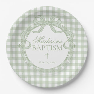 Groene Gingham Coquette Strik Doopfeestje Papieren Bordje