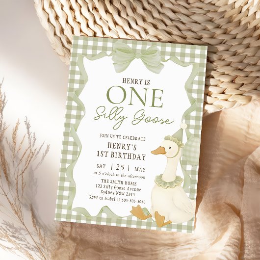 Groene Gingham Dwaze Gans 1e Verjaardagsuitnodigin Kaart