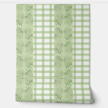 Groene Gingham en Floral Motief Wallpaper