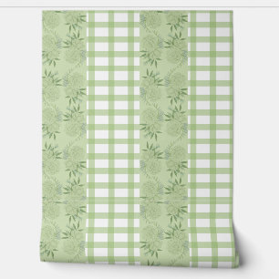 Groene Gingham en Floral Motief Wallpaper Behang