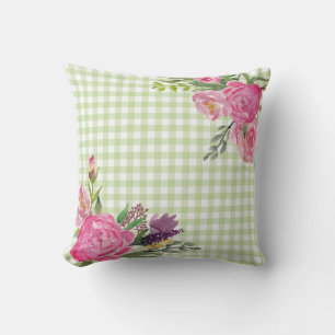 Groene Gingham en Roze Pioenrozen Outdoor Kussen