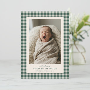 Groene Gingham Geruite Pasgeboren Foto Baby Jongen Aankondiging