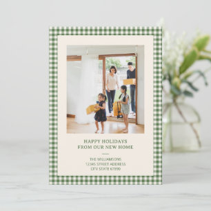 Groene Gingham Kerstvakantie Foto Nieuw Adres Feestdagenkaart