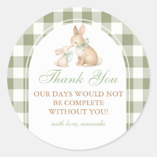 Groene Gingham Konijn Lente Pasen Baby Shower Ronde Sticker