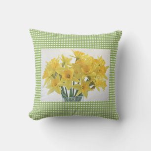 Groene Gingham met Gele Daffodils Square Buitenkussen