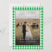 Groene Gingham Monogram Wapenschild 2 Foto Bedankkaart (Voorkant)