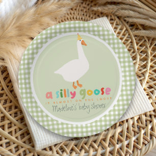 Groene Gingham Neutrale Dwaze Gans Baby Borrel Papieren Bordje