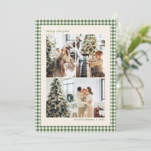 Groene Gingham Plaid Gelukkig Nieuwjaar Familie Fo Feestdagenkaart