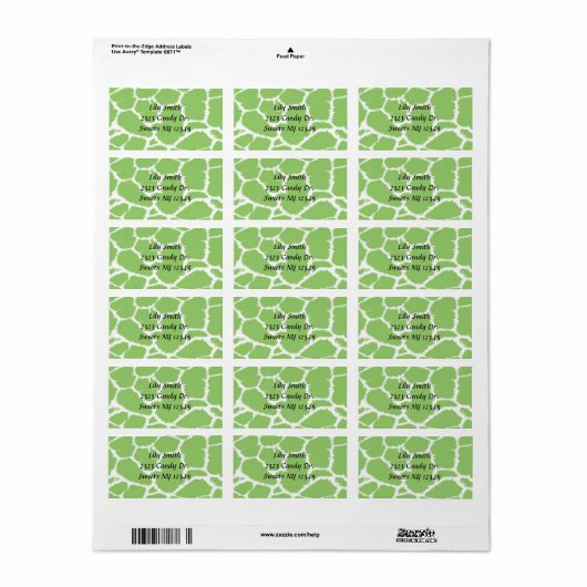 Groene Giraffe Fur Pattern Adres Label (Full Sheet)