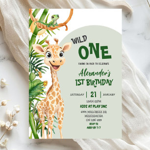 Groene Giraffe Wilde Eén Safari Eerste Verjaardag Kaart