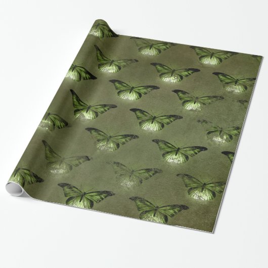 Groene Glimmer Vlinder Cadeaupapier (Uitgerold)