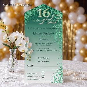 Groene Glitter Calligrafie Nummer Sweet 16 All In One Uitnodiging