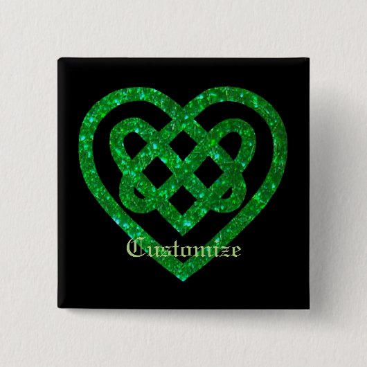 Groene Glitter Celtic Heart Knot Square Button (Voorkant)