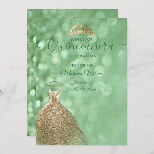 Groene glitter chic Gold jurk tiara Quinceañera Kaart (Voorkant / Achterkant)