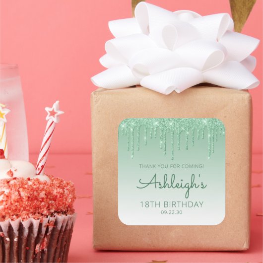Groene Glitter Drip 18th Birthday Dank u Vierkante Sticker (Feest)