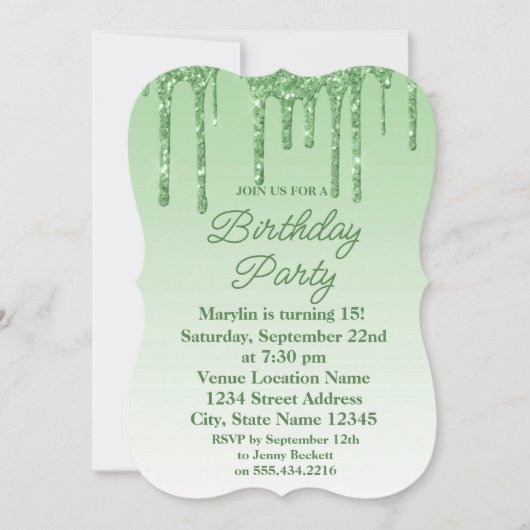 GROENE GLITTER DRIP ELEGANT BIRTHDAY INVITATION KAART (Voorkant)