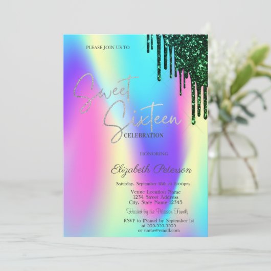 Groene Glitter Drips Holografisch Zoet 16 Kaart (Staand voorkant)