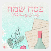 Groene Glitter Flowers, Wine en Matzah Passover Vierkante Sticker (Voorkant)