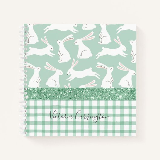 Groene Glitter Gingham Pset Rabbits Naam Notitieboek (Voorkant)