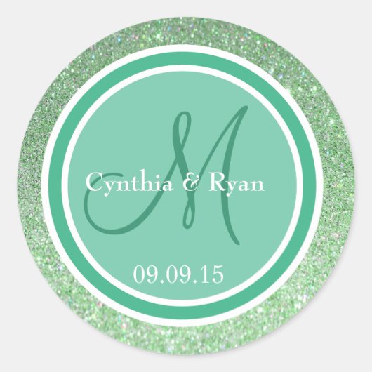 Groene Glitter & Mint Wedding Monogram Ronde Sticker (Voorkant)