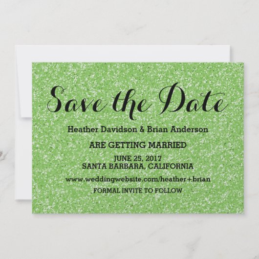 Groene Glitter Save the Date Uitnodiging (Voorkant)