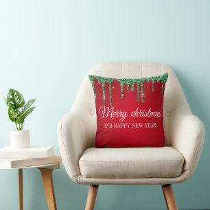 Groene glitter vrolijke kerst en gelukkig jaar kussen