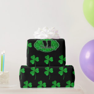 Groene Glitterende Klavertjes Monogram St. Patrick Cadeaupapier