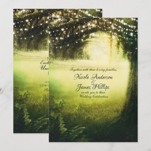 Groene gloed bos en snaarlicht Rustic Wedding Kaart (Voorkant / Achterkant)
