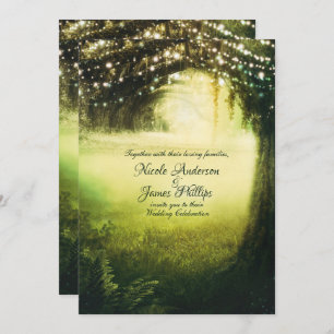 Groene gloed bos en snaarlicht Rustic Wedding Kaart