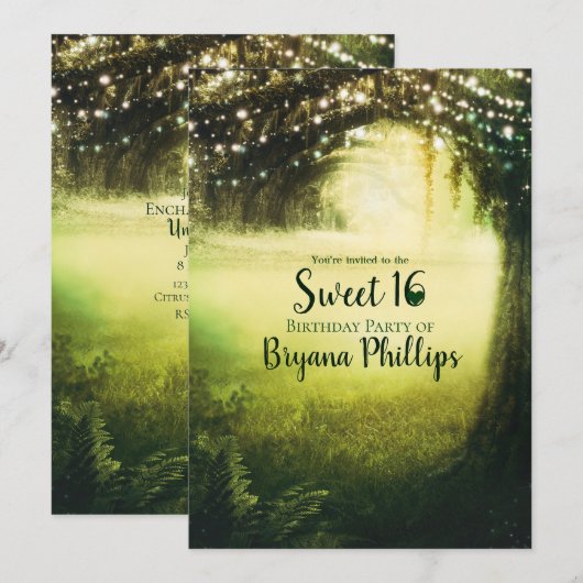 Groene Gloeiende Bos & Slingerlichten Zoete 16 Fee Kaart (Voorkant / Achterkant)