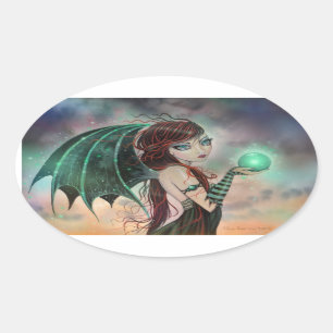 Groene gotische fee vampier fantasie kunststickers ovale sticker
