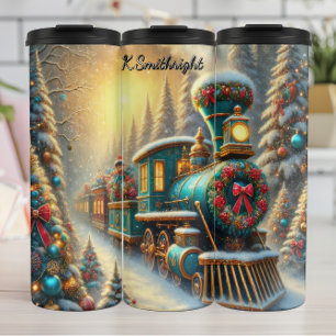 Groene Goud Festieve Trein Besneeuwd Bos Thermosbeker