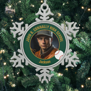 Groene Goud Honkbalspeler Foto Hoge School Tin Sneeuwvlok Ornament