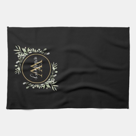 Groene goud monogram chic script zwart theedoek (Horizontaal)