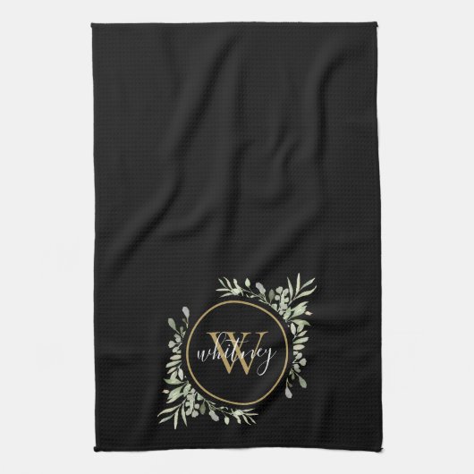 Groene goud monogram chic script zwart theedoek (Verticaal)