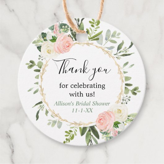 Groene goud roze eucalyptus bruidsfeest bedankjes labels (Voorkant)