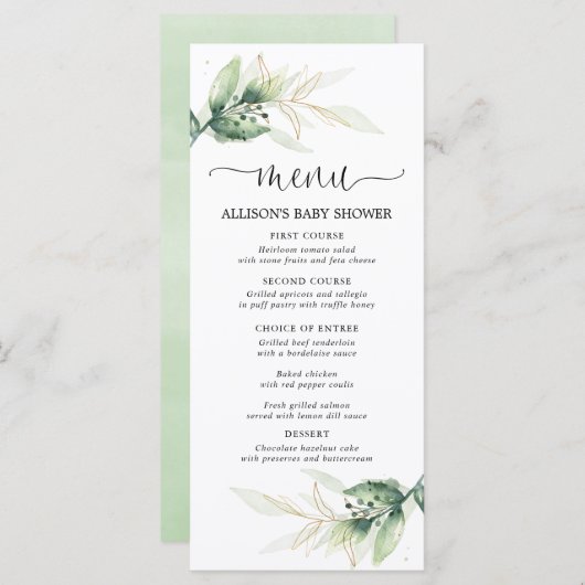 Groene goudbladeren eenvoudig modern douchemenu programma (Voorkant / Achterkant)