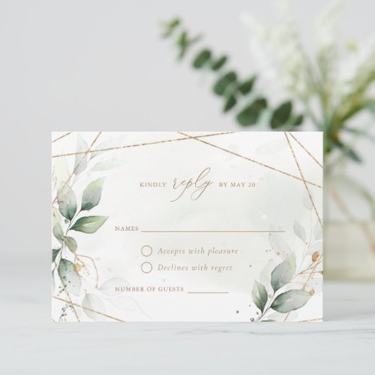 Groene Gouden Bladeren Geometrische Trouw-RSVP Kaart (Staand voorkant)